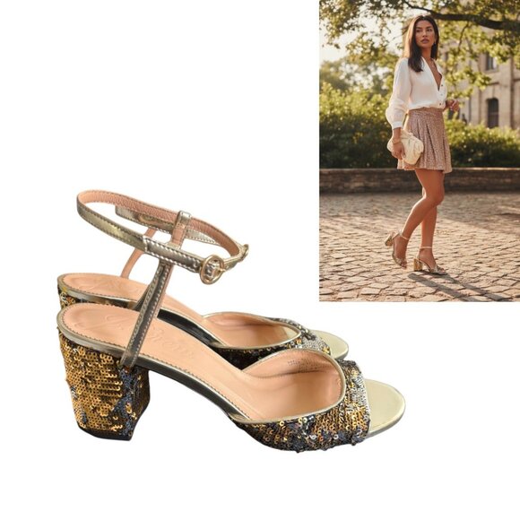 J.CREW COLLECTION GOLD LEATHER SEQUIN ANKLE STRAP HEELS SANDALS 10 NEW $298 - Picture 2 of 5